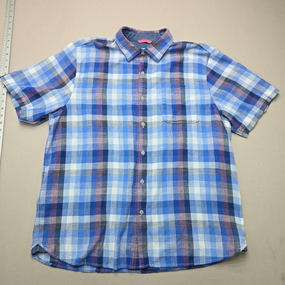 Tommy Bahama Button Down Shirt Plaid Short Sleeve Blue Men Size XL Cotton Casual